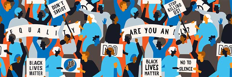 illustration showing protesters holding signs asking for racial equality